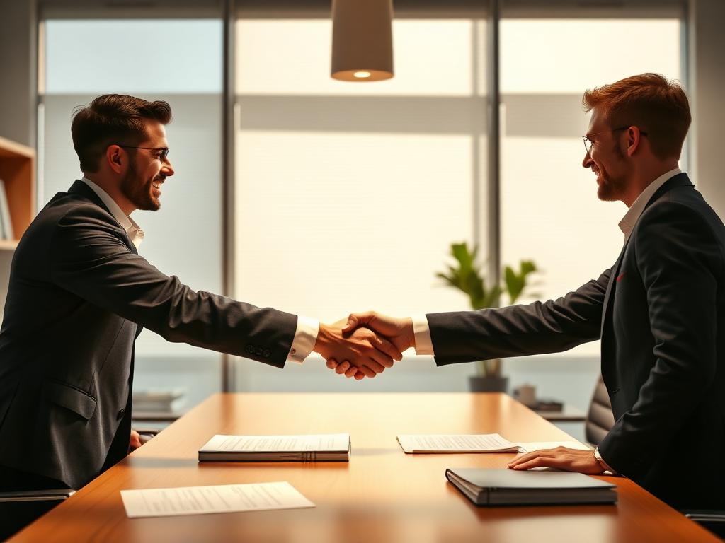 Two professionals shaking hands across a desk